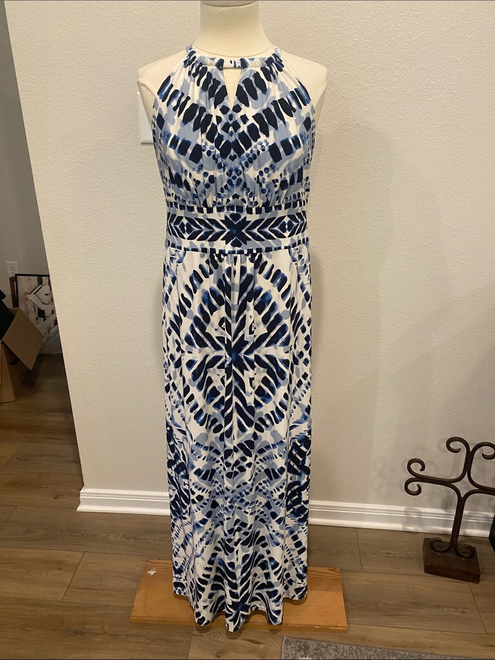 Chico's White and Blue Halter-Style Printed Maxi Dress Sz Medium